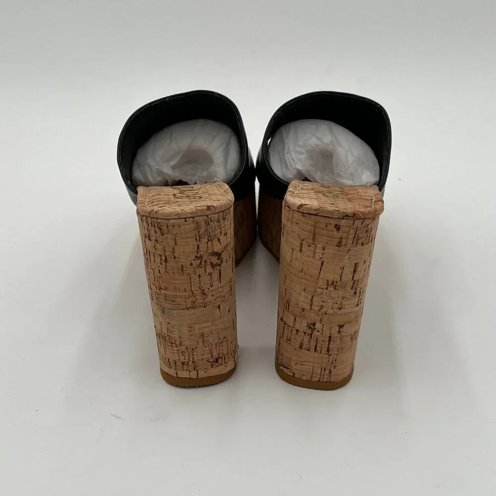 FOWT Black Cork High Chunky Heel Backless MulesPlatform Open Toe Sandals - Picture 5 of 6